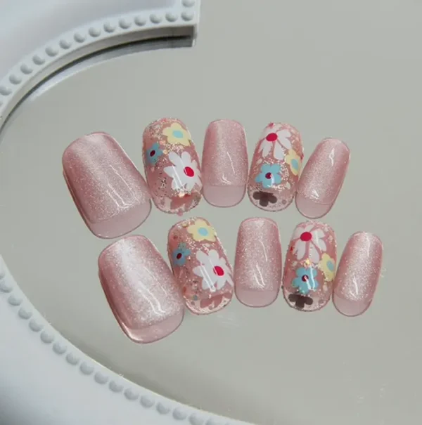 Spring Floral Nails with Sparkly Finish