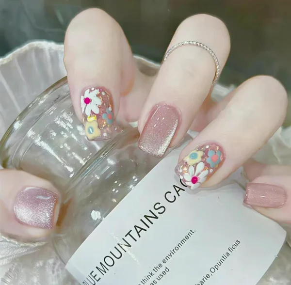 Spring Floral Nails with Sparkly Finish