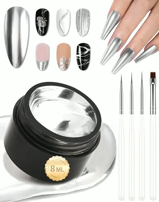 Chrome Art Gel with Brushes Set, Shiny Gloss 3D Nail Polish
