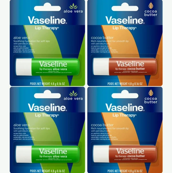 Vaseline Lip Balm Variety 4-Set – Cocoa + Aloe Moisturizing Lip Balm containing Vit E, 0.16 Oz Ea