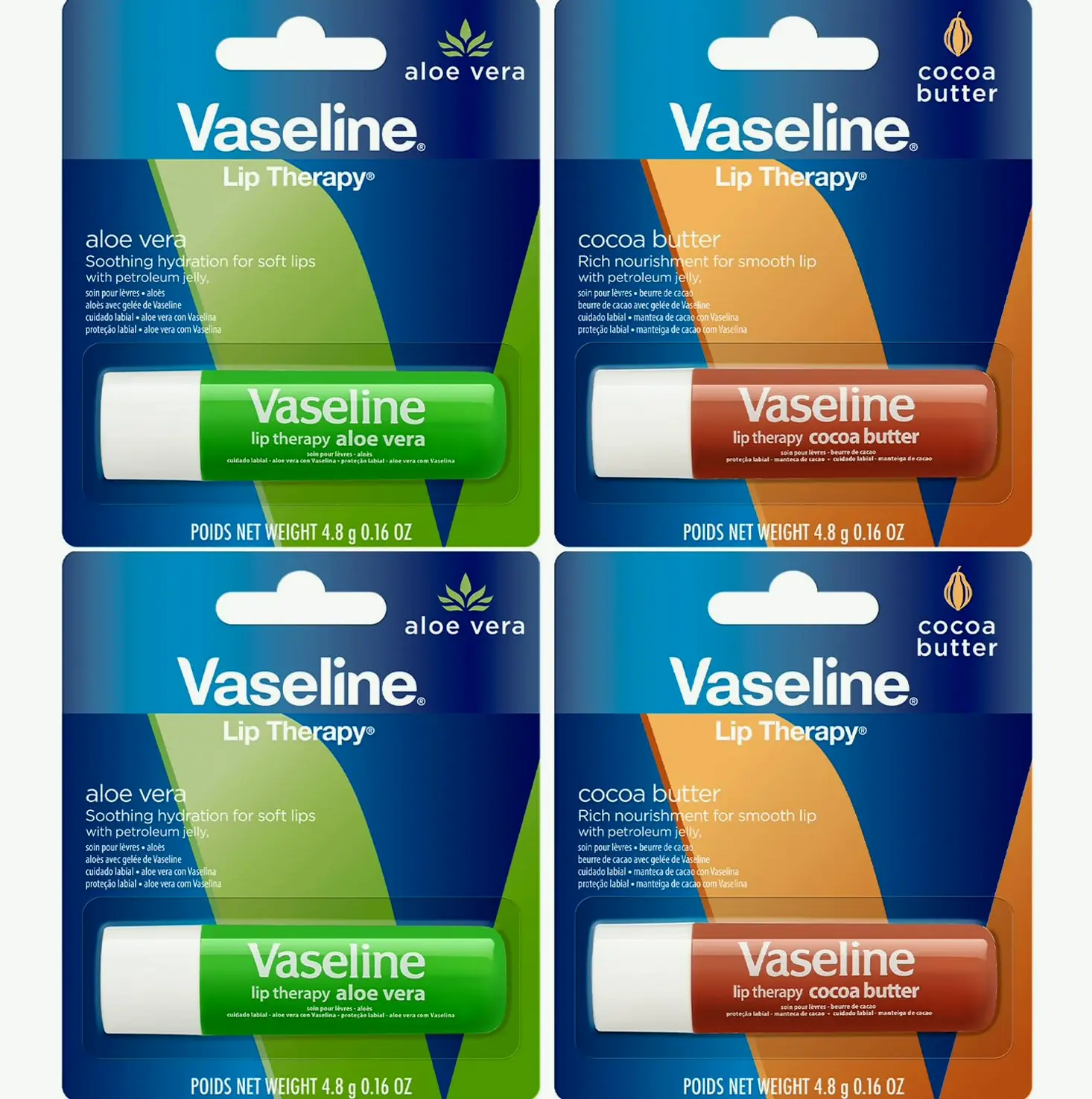 Vaseline Lip Balm Variety 4-Set – Cocoa + Aloe Moisturizing Lip Balm containing Vit E, 0.16 Oz Ea