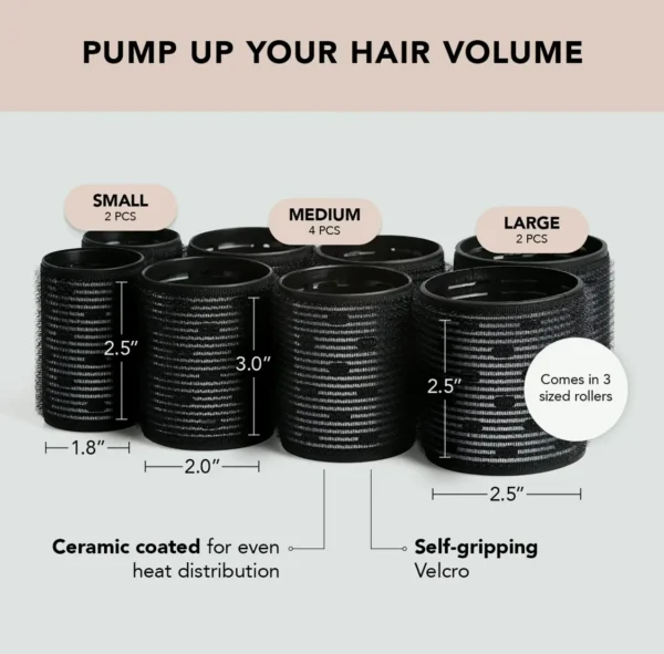 Ceramic Heat Hair Rollers for Various Types - 8pcs Black