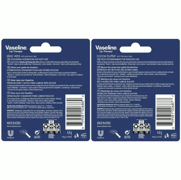 Vaseline Lip Balm Variety 4-Set – Cocoa + Aloe Moisturizing Lip Balm containing Vit E, 0.16 Oz Ea